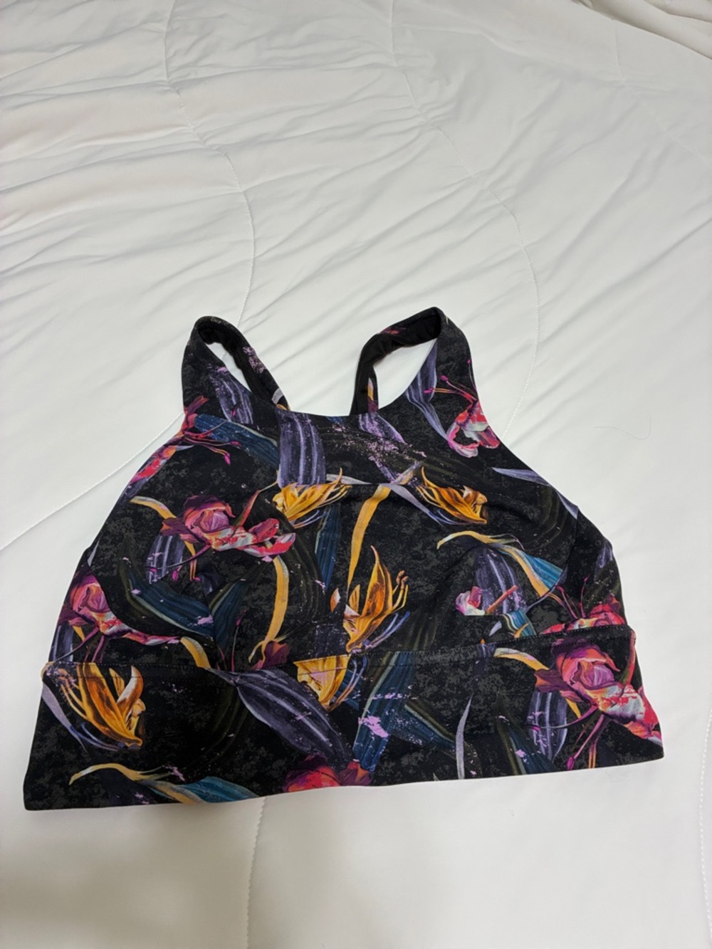 lululemon athletica Black Floral-Print Sports Bra with Yellow & Pink Accents